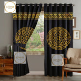 2 Pieces Luxury Velvet Curtain Panels with 2 belts-Black/Gold 012